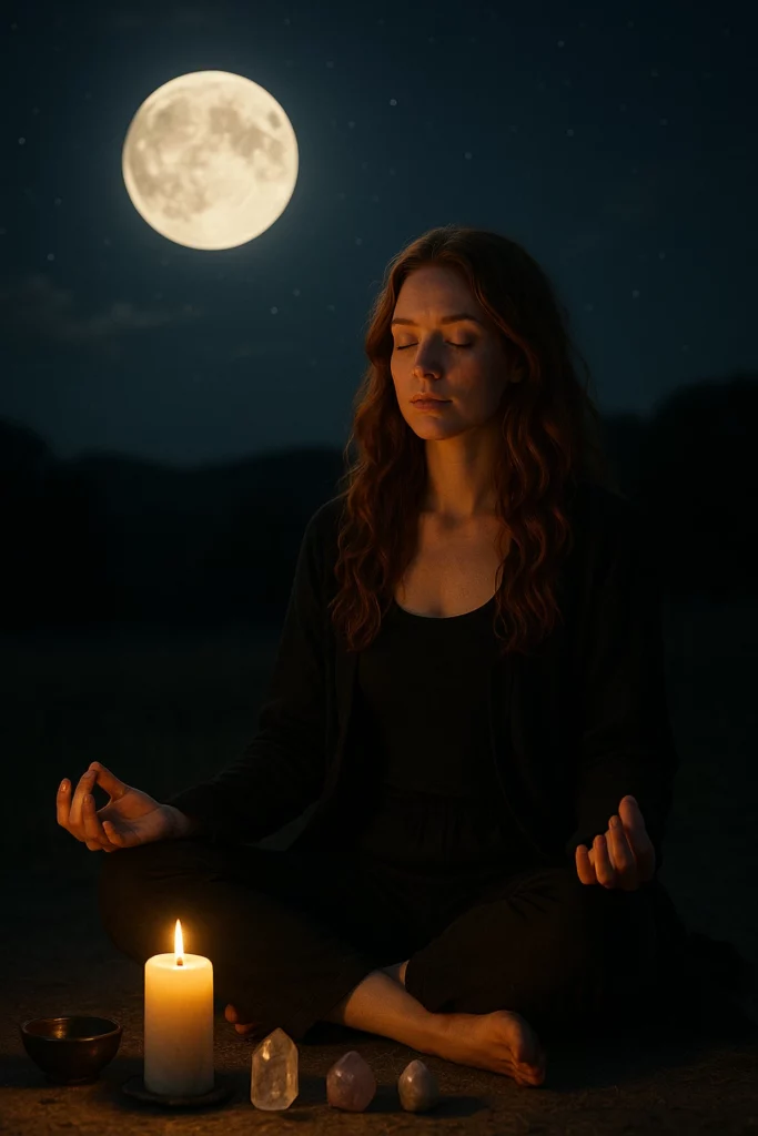 Femme rousse méditant sous la pleine lune avec des cristaux et une bougie, rituel de pleine lune pour purifier l’énergie